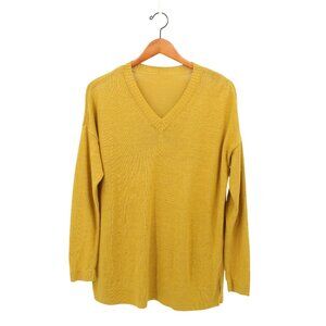 Eileen Fisher Organic Linen V-Neck Mustard Gold Knit Sweater L/XL